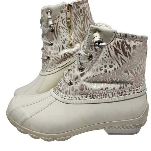 Sperry  Waterproof Beige & White Pattern Textile Upper Rubber Boots Womens 6M - Picture 1 of 9